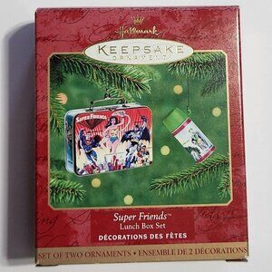 NIB - Vintage 2-pc Hallmark Keepsake Ornament Super Friends Tin Lunchbox  - 2000